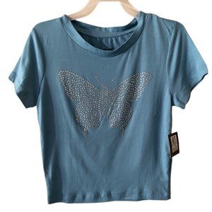 Charlotte Russe Crop Top. Blue Stretch Knit with Sequin Butterfly.  NWT